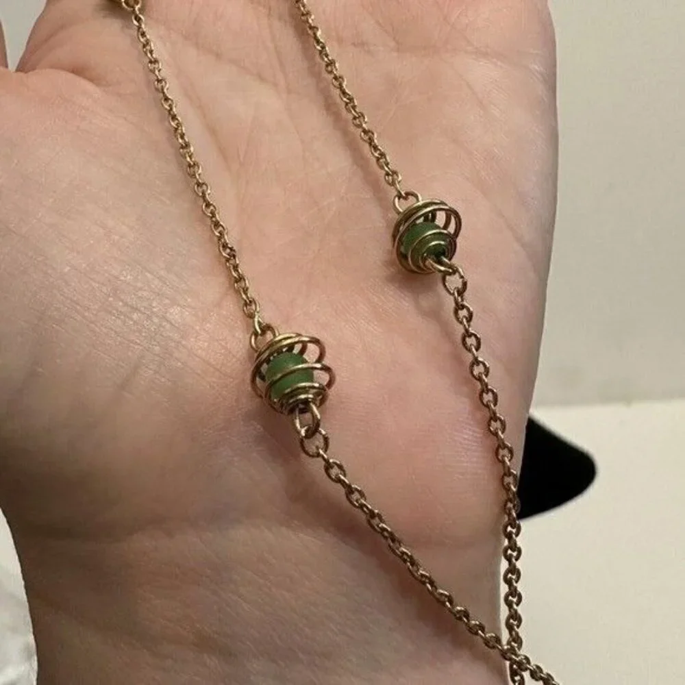 Vintage Signed Crown Trifari Gold Tone Dainty Chain Necklace Choker Green Beads - Picture 7 of 8